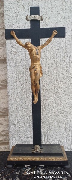 Antique wonderful corpus cross, depicting Jesus at home. Cast iron crucifix with base