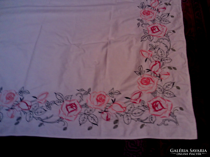 Old embroidered linen tablecloth 145 cm x 87 cm