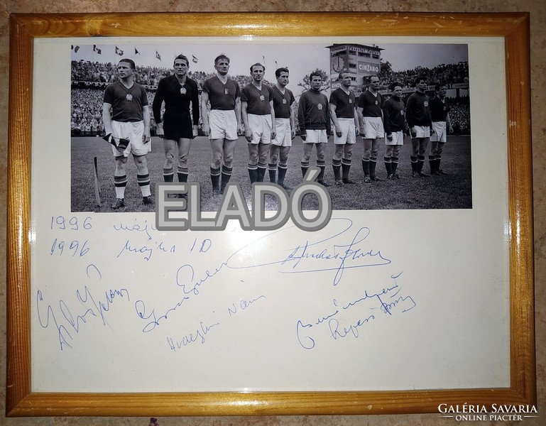 Golden team 1954 World Cup final photo with signatures of Puskás, Czibor, Hídkuti, Grosics, Buzánszky, Szepesi