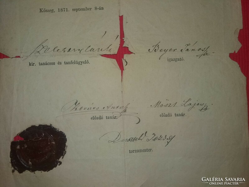 Antik 1871 KŐSZEG Gada Józef tanító továbbképzési okirata viaszpecsétes ellenjegyezve, bélyegezve