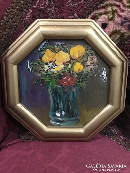 Contemporary painter: oil, cardboard in an 8-angled frame with a bouquet of flowers in a vase