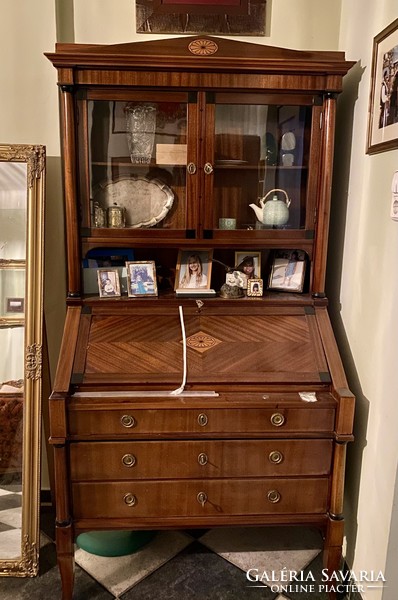 Intarziás üvegezett írószekrény, női íróasztal szekrény, szekreter