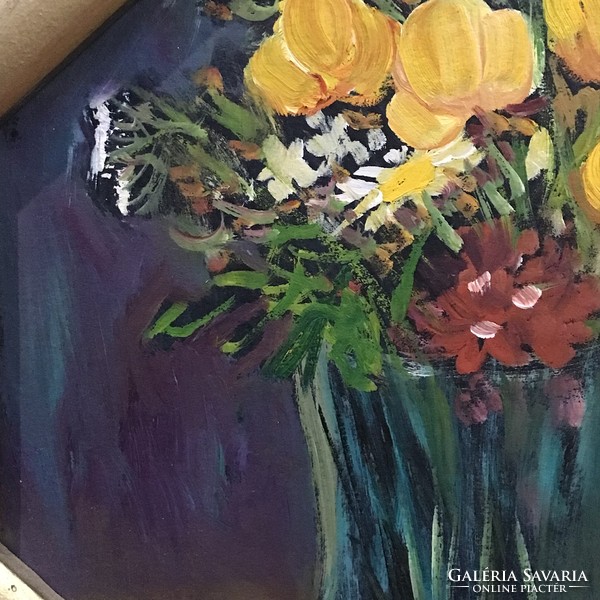 Contemporary painter: oil, cardboard in an 8-angled frame with a bouquet of flowers in a vase