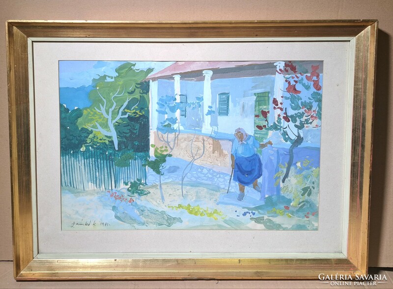 Zámbó Kornél (1938-): Vértesfalusi utca (képcsarnokos festmény) Vértes hegység, paraszti élet