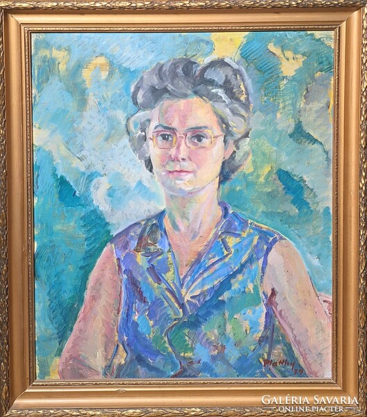 György Platthy: female portrait (oil painting with frame) artist from Pécs