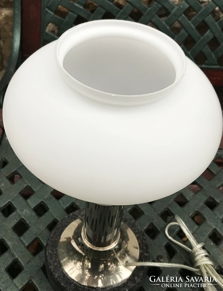 Chrome table lamp with white glass cover