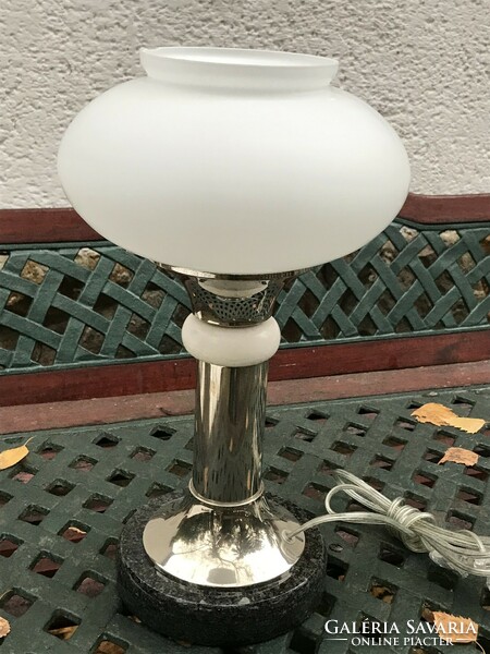 Chrome table lamp with white glass cover