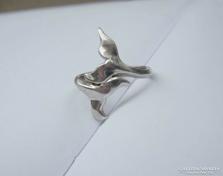 Silver ring with a large fish tail, fish, dolphin ring