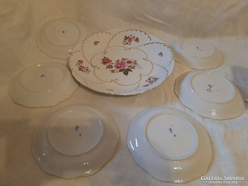 Zsolnay porcelain cake set with rose pattern with gilding