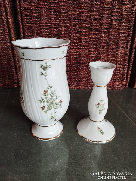 Hollóháza porcelain Erika patterned vase, candle holder, bonbonnier