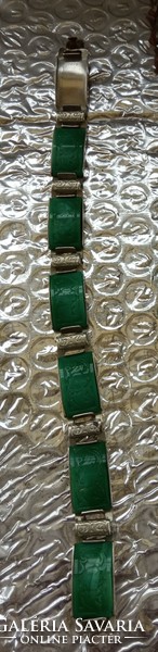 Antik zöld véséssel díszített kerámia alpakka karkötő 7 laprészből áll