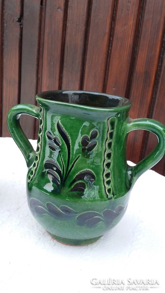 Mezőtúri zöld mázas kerámia váza pár, 12 cm magas