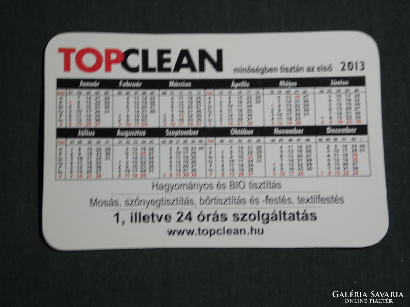 Kártyanaptár, Top Clean ruhatisztító üzletek, mosás, vasalás, táblázat, 2013,   (3)