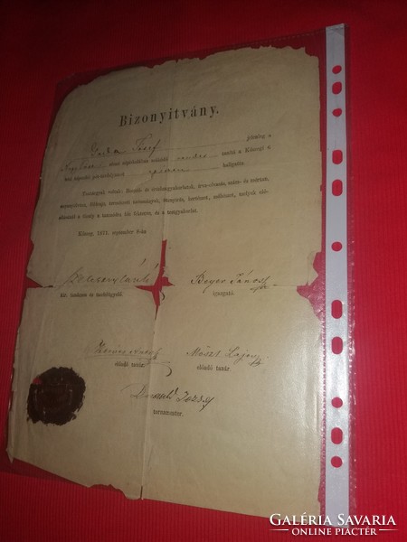 Antique 1871 Kőszeg gada józef teacher training certificate wax seal countersigned, stamped
