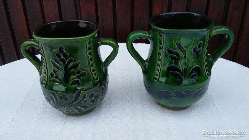 Pair of Mezőtúr green glazed ceramic vases, 12 cm high