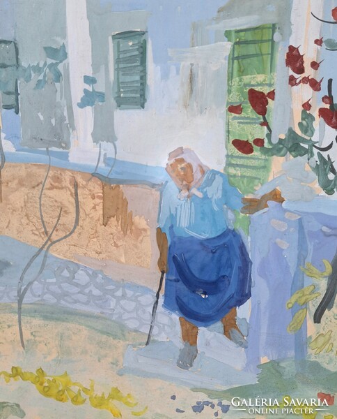 Zámbó Kornél (1938-): Vértesfalusi utca (képcsarnokos festmény) Vértes hegység, paraszti élet