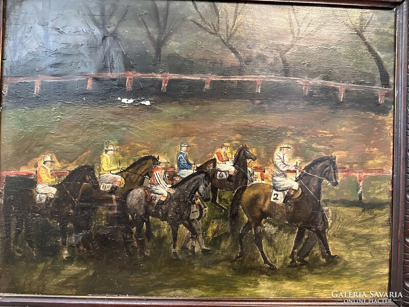 Antique horse race oil painting on wooden base in a thick carved frame