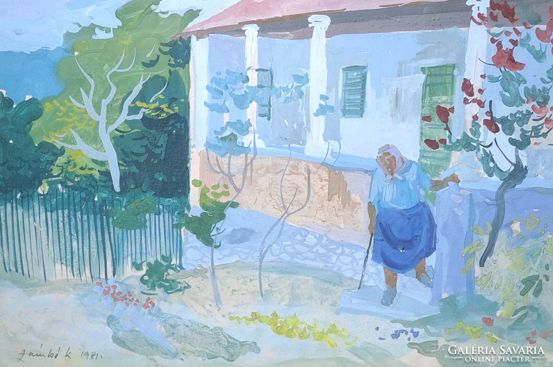 Kornél Zámbó (1938-): close-up village street (painting with picture gallery), close-up mountains, peasant life
