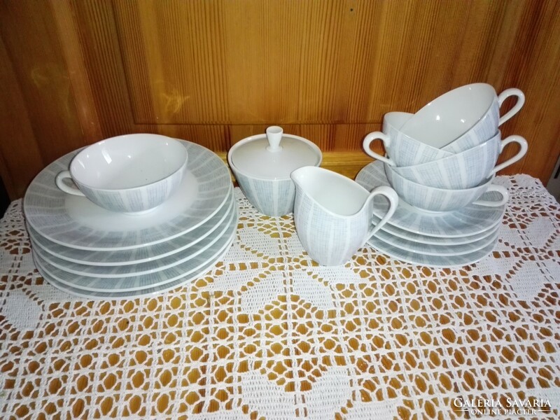 Porcelain breakfast and coffee set... New, grey-white.