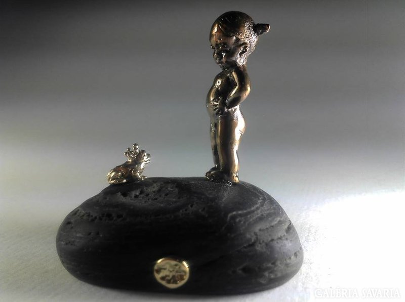 Kiss Me! (Little girl with frog prince) bronze statue miniature
