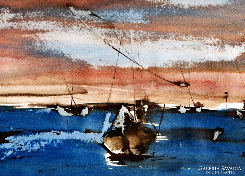 Kortárs művész: Mediterrán kikötő - nagy méretű akvarell