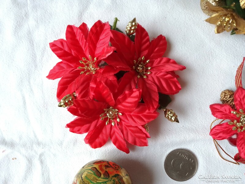 Gold and red Christmas holiday decorations, bell, ball decoration, Santa paper ball, poinsettia flower