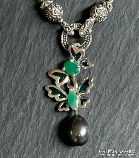 Charming butterflies, silver pendant with emerald and Tahitian pearl /925/ --new