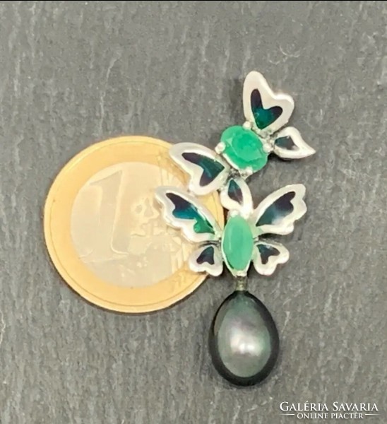 Charming butterflies, silver pendant with emerald and Tahitian pearl /925/ --new