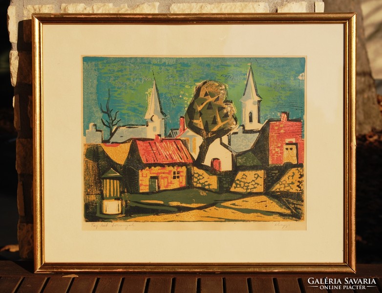 György Hegyi (1922-2001): landscape with two towers - original linoleum engraving, framed