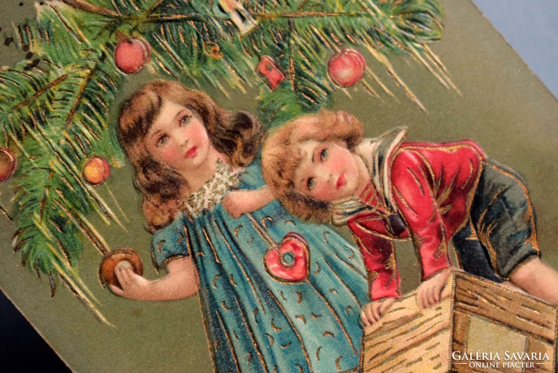 Antique embossed Christmas greeting card - little girl, little boy decorating a Christmas tree from 1912