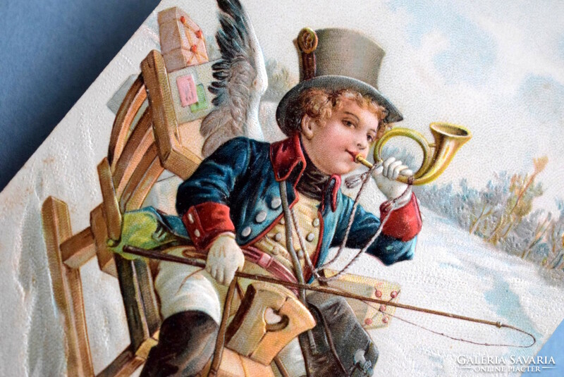 Antique embossed New Year's greeting card - angel postman, horn, on a sled, winter landscape from 1906