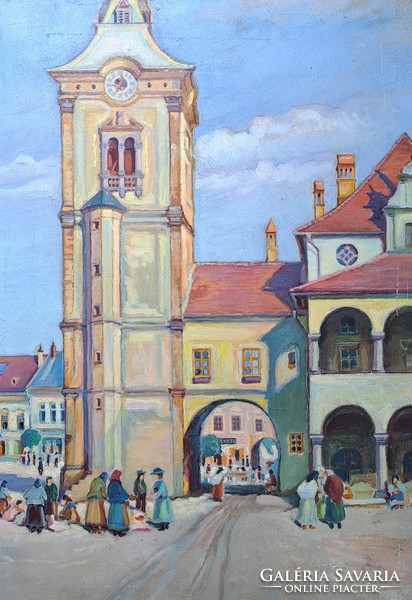 Lányik János (1875-1940): Lőcsei piac (régi olajfestmény kerettel) Lőcse - Felvidék, Szlovákia