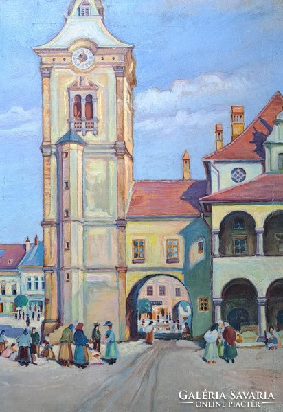 János Lányik (1875-1940): Lőcse market (old oil painting with frame) Lőcse - Highlands, Slovakia