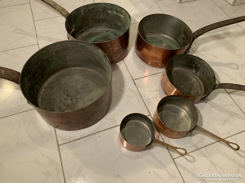 Set of 6 old copper pots and pans