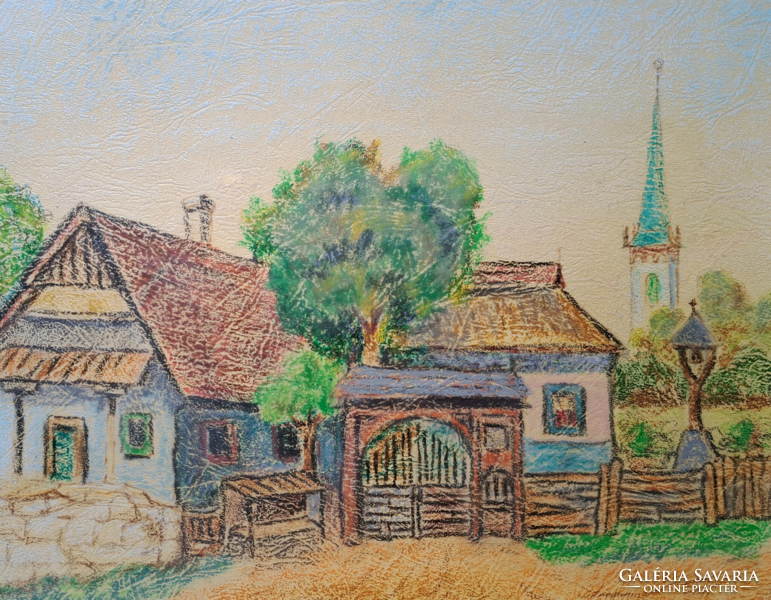 Székely falu (szignózott festmény kerettel 1988-ból) Románia, Erdély, Székelyföld
