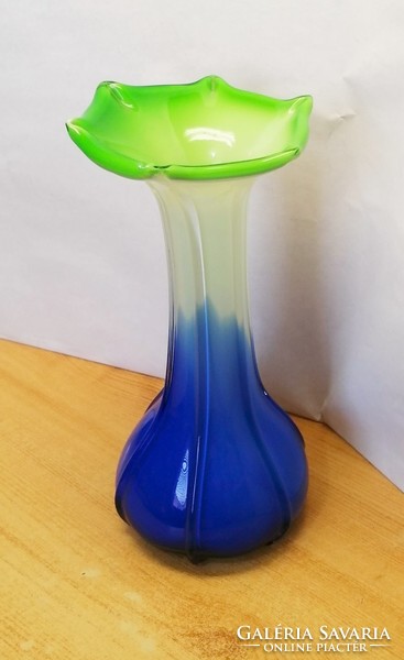 Blue-white-green flower-shaped vase with ribbed sides Murano Italy