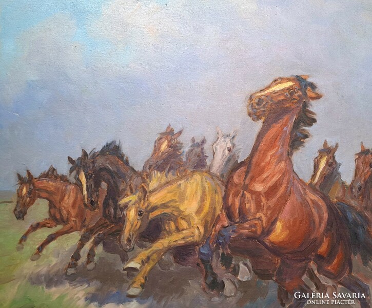 Camillo of Cluj: galloping stallion (large oil painting) foal, horses, peasant life