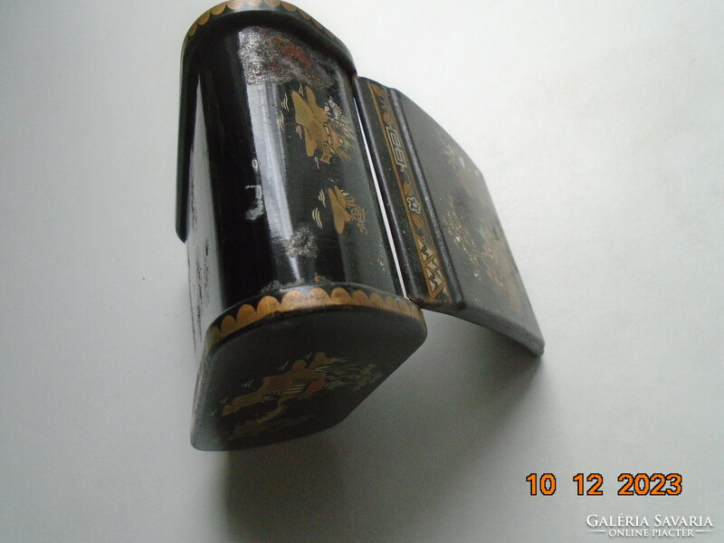 1940 Vintage black lacquer and metal cigarette holder box with a colorful oriental landscape