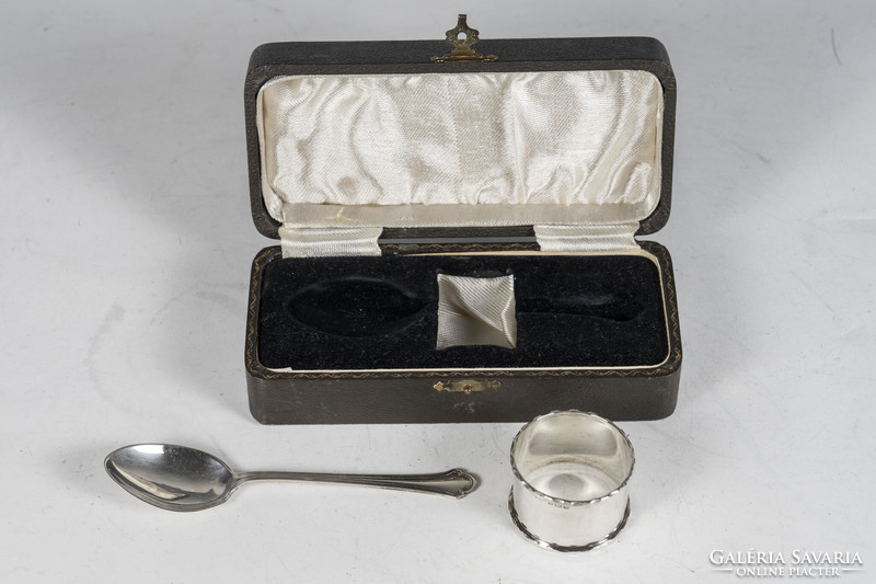 Silver christening set - spoon and napkin ring in gift box