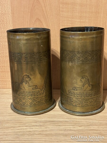 World War 1 sleeve vase with a pair of Egyptian themed decorations