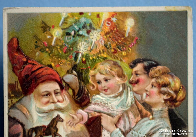 Antique embossed Christmas postcard - Santa Claus, Christmas tree, family, toys - for collection