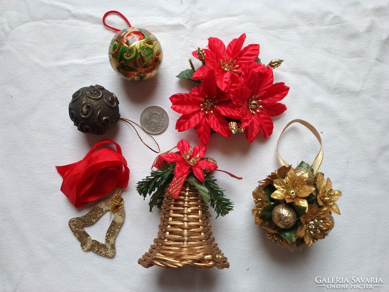 Gold and red Christmas holiday decorations, bell, ball decoration, Santa paper ball, poinsettia flower