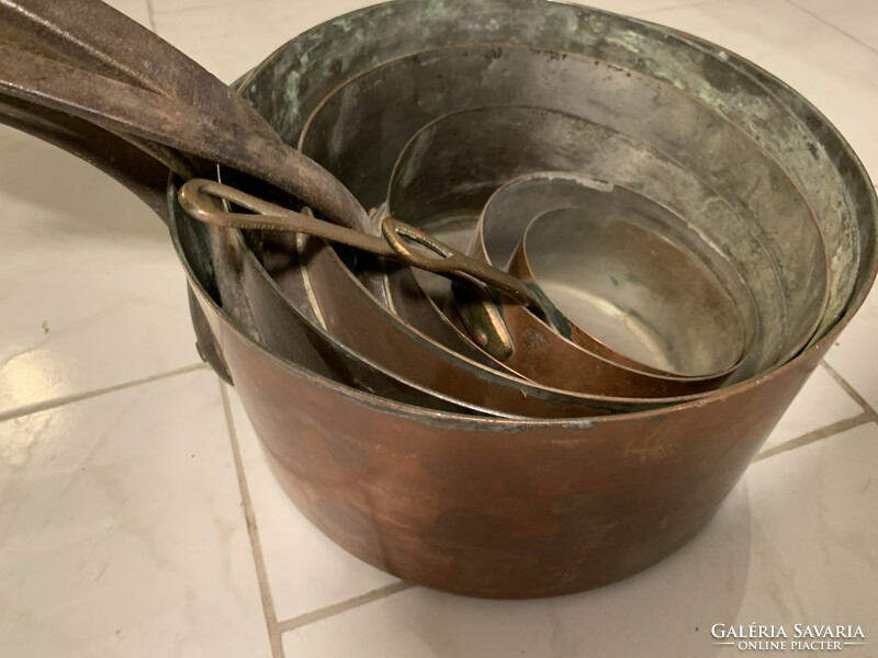 Set of 6 old copper pots and pans