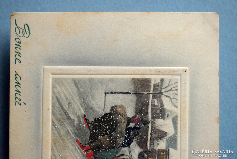 Antik V.K. Vienne dombornyomott Újévi üdvözlő képeslap -téli táj , hóesés ,lovas szán 1911