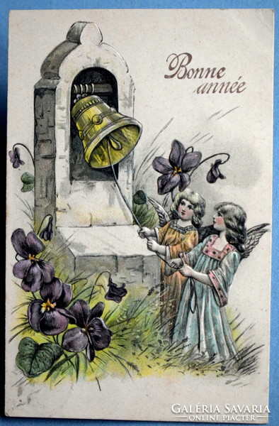 Antique embossed New Year greeting card - angels ringing bells among huge violets from 1905
