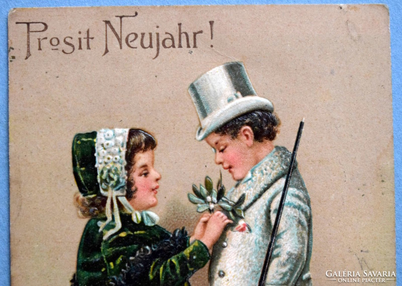 Antique embossed New Year greeting card - little girl, little boy in elegant clothes, mistletoe