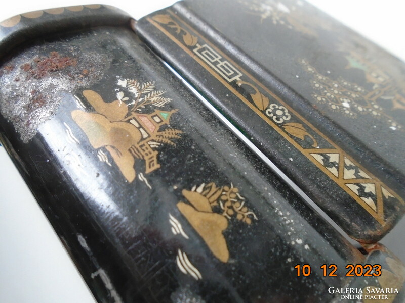 1940 Vintage black lacquer and metal cigarette holder box with a colorful oriental landscape