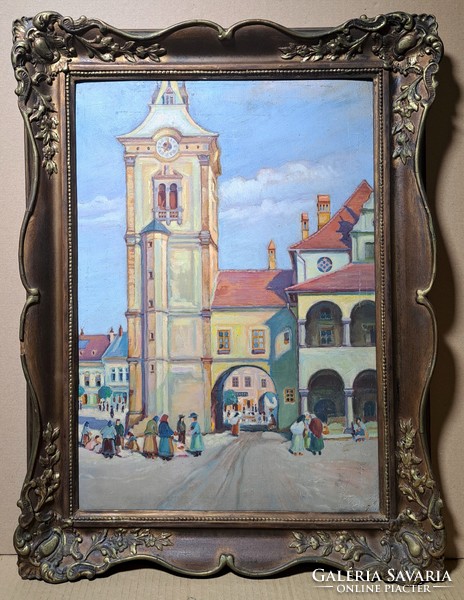 János Lányik (1875-1940): Lőcse market (old oil painting with frame) Lőcse - Highlands, Slovakia