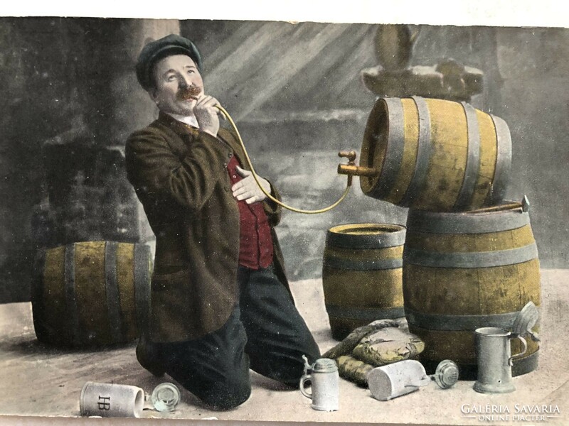 Antik, régi színezett italozós HB sör reklámos képeslap - Postatiszta                         -7.