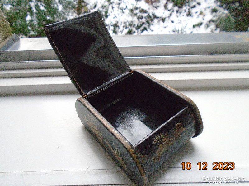 1940 Vintage black lacquer and metal cigarette holder box with a colorful oriental landscape